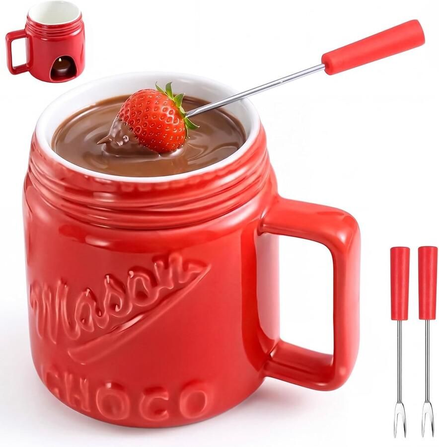 Chocoladefonduekop Rood 300 ml Keramische Fondue Set met 2 Vorken Voor Chocolade en Kaas