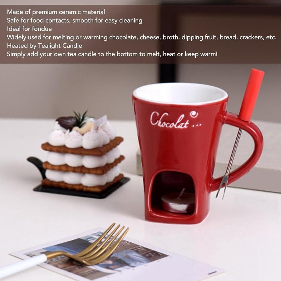 Chocoladefonduemok Rood 10 x 12 cm Keramische Boterwarmer met Vork Voor Fondue en Snacks