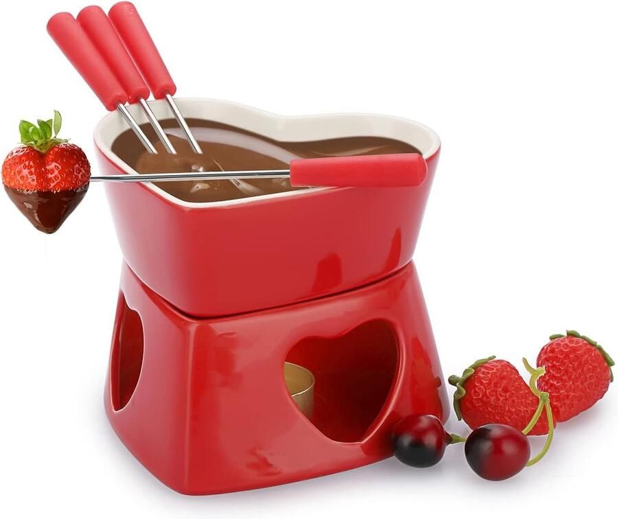 Chocoladefondueset Rood 13 5 x 11 5 x 11 5 cm Keramisch met 4 Vorken Voor Snoep en Kaas