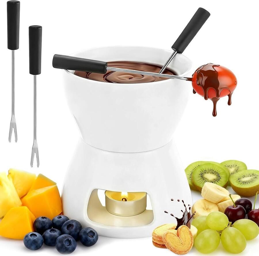 Chocoladefondueset Wit 12 5 x 10 5 cm Keramische Fonduepan met 4 Vorken Voor Familiediner en Picknick
