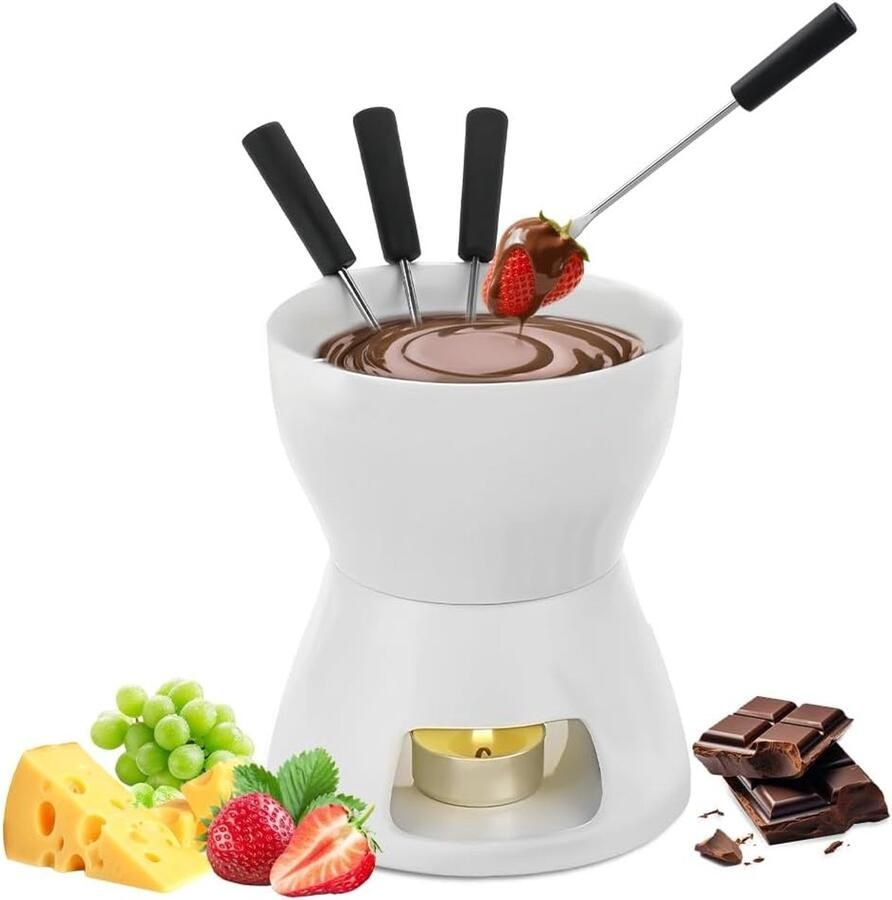 Chocoladefondueset Wit 15 x 11 5 cm Keramische Fondueset met Vorken en Theelicht Voor Familiebijeenkomsten en Desserts