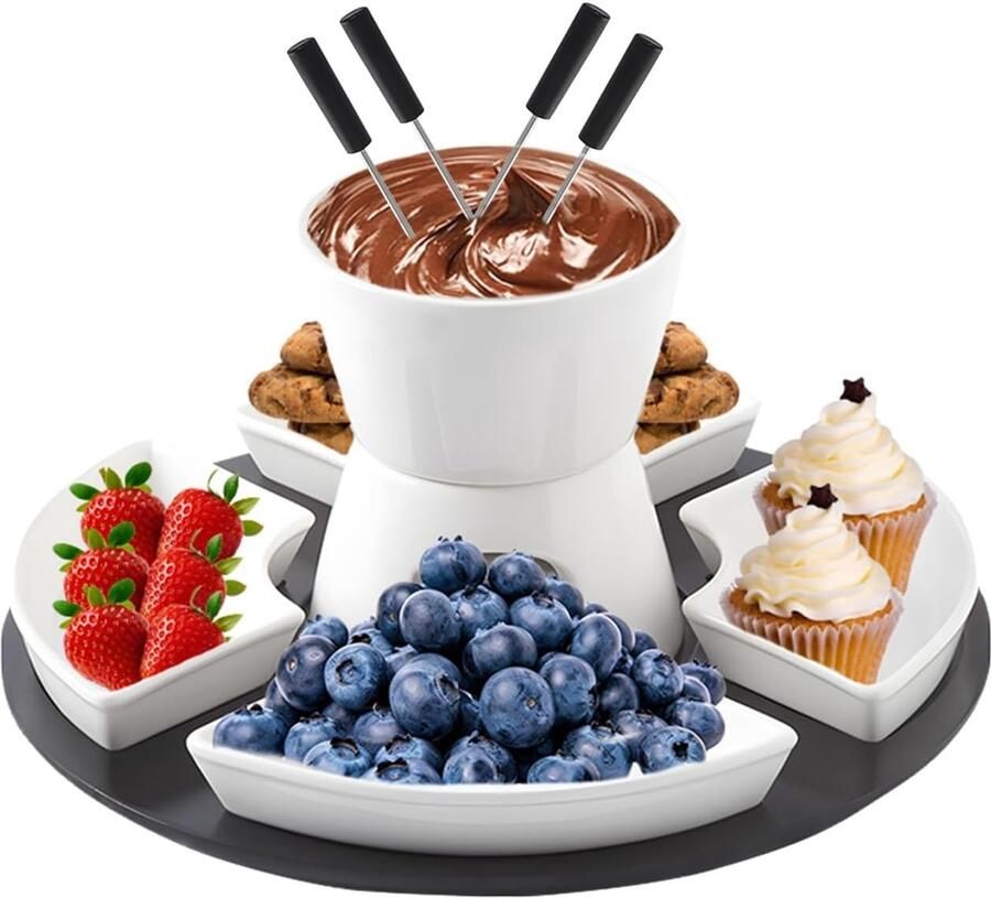 Chocoladefondueset Wit Keramisch Inclusief Vorken en Borden Voor Feestjes en Romantische Avonden