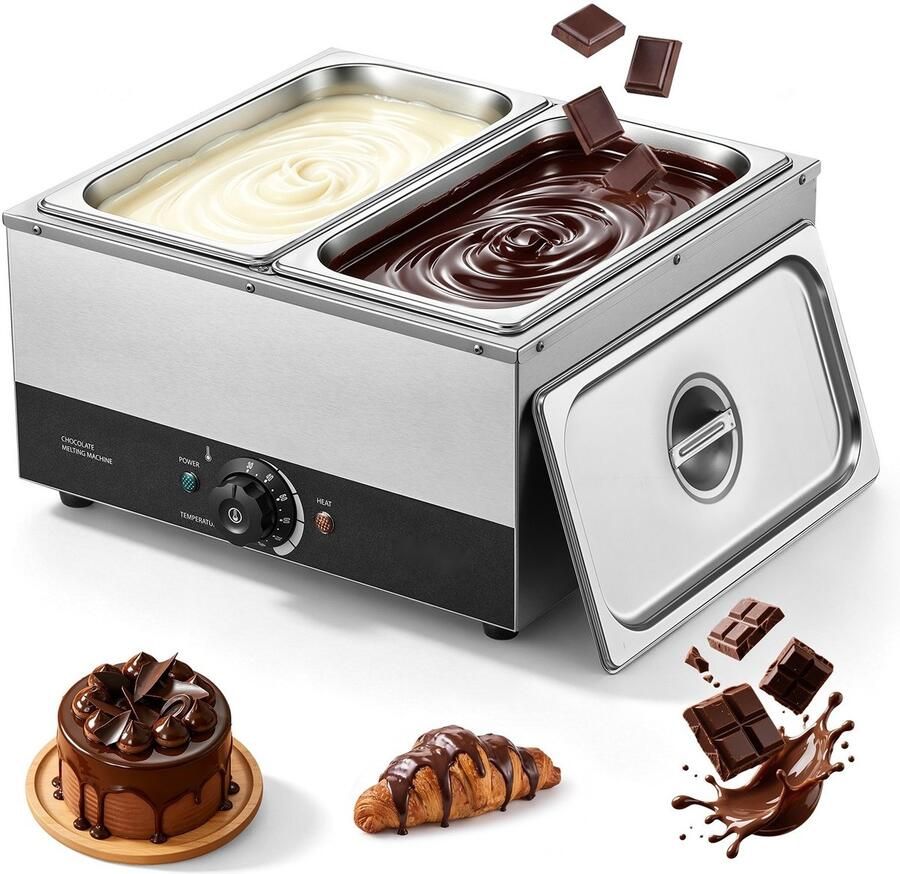 Chocoladesmeltmachine Chocoladetempereermachine 2 Verwijderbare Roestvrijstalen Bakken 1 2 kW Temperatuurregeling 30–85 °C Droogloopbeveiliging
