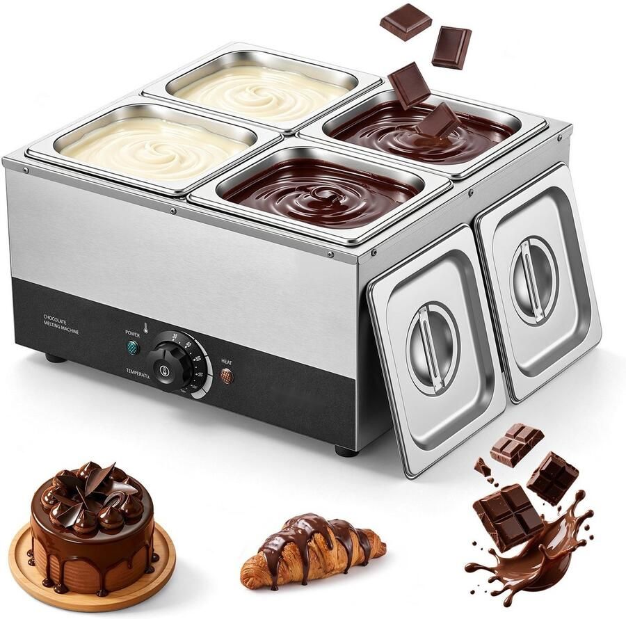 Chocoladesmeltmachine Chocoladetempereermachine 4 Verwijderbare Roestvrijstalen Bakken 1 2 kW Temperatuurregeling 30-85 °C Droogloopbeveiliging