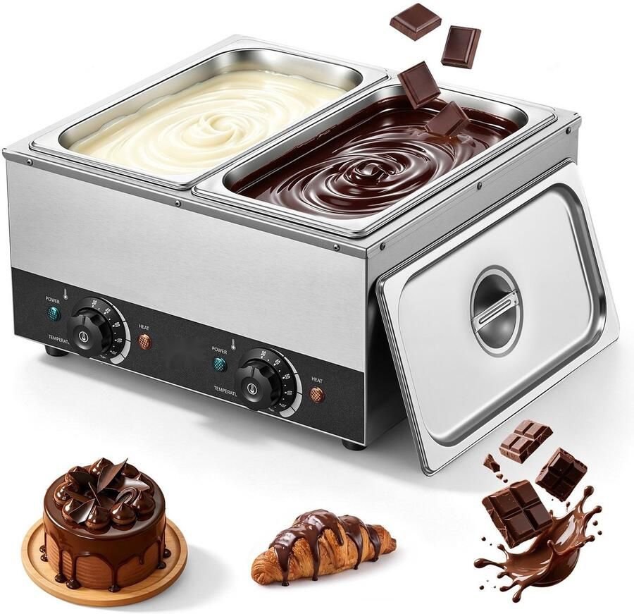 Chocoladesmeltmachine Chocoladetempermachine 2 Verwijderbare roestvrijstalen bakken 2 x 800 W Afzonderlijke temperatuurregeling 30–85 °C Droogloopbeveiliging