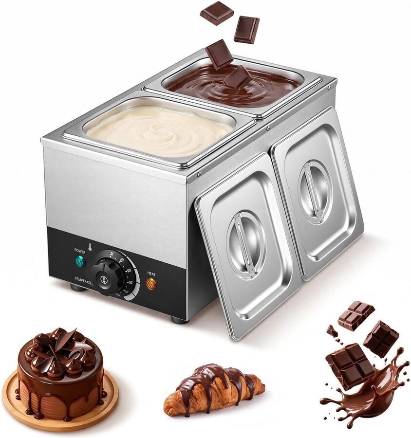Chocoladesmeltmachine Chocoladetempermachine 2 Verwijderbare Roestvrijstalen Bakken 800 W Temperatuurregeling 30–85 °C Droogloopbeveiliging Voor Bakkerijen Patisserieën en Restaurants