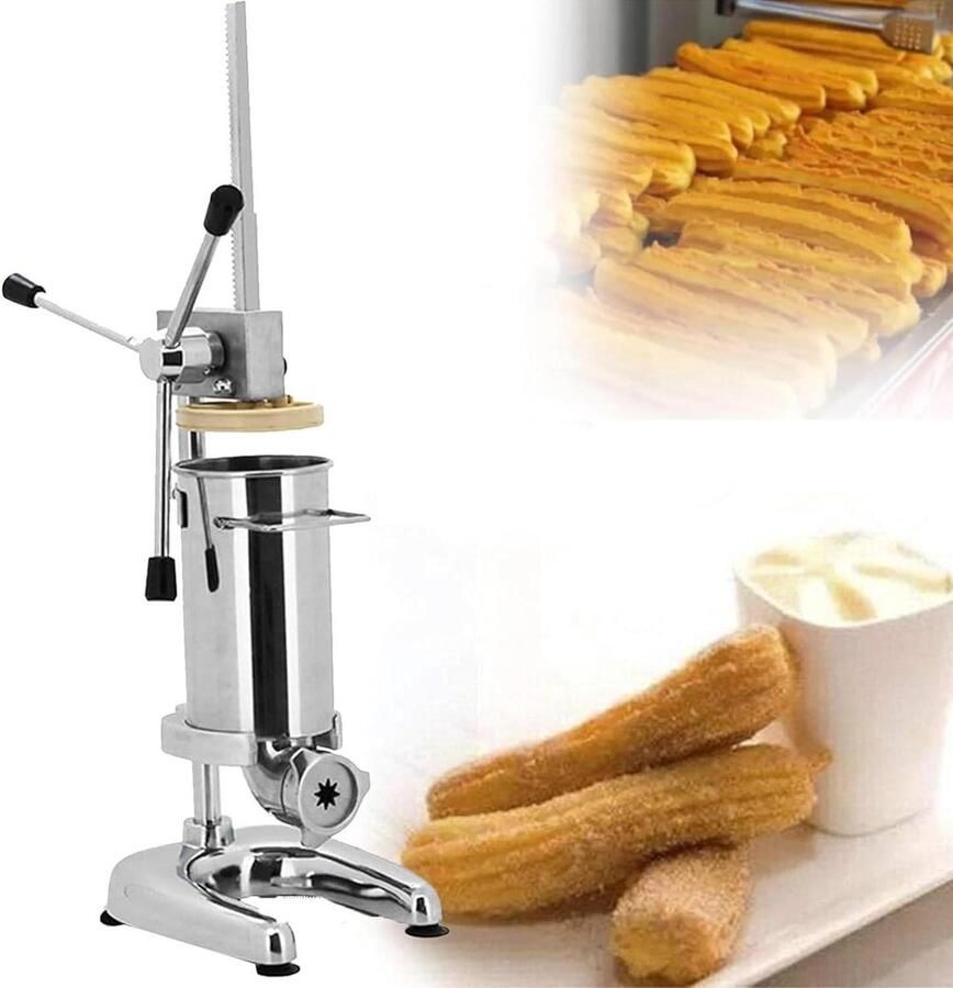 Churro Maker Oliebollen Pers Zelf Snacks Maken Vijf Spuitmonden 2L Capaciteit Zilver