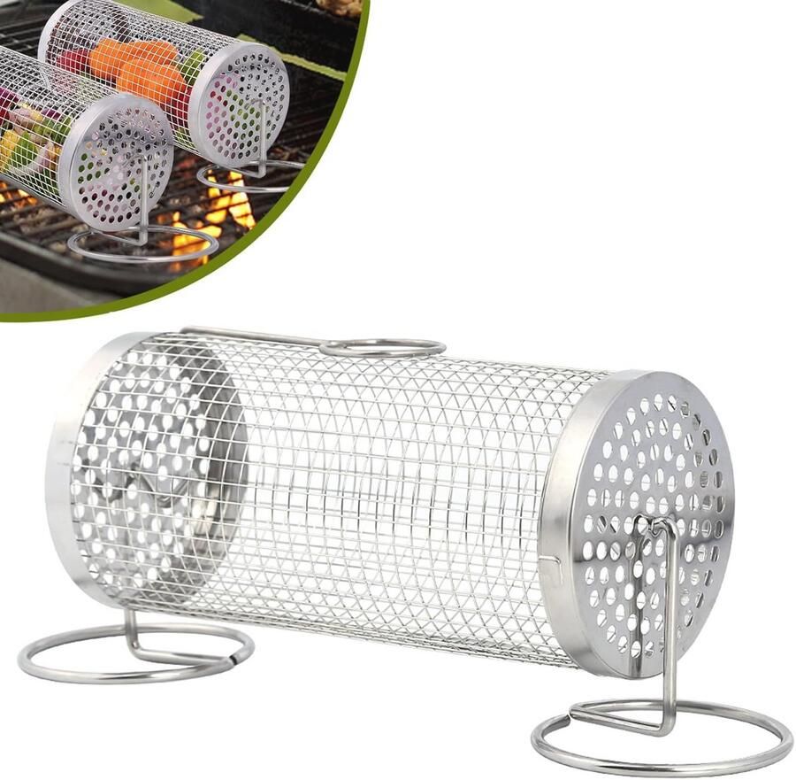 Cilindrische RVS Grillmand met Draaibare Houder voor Camping en BBQ Ideaal voor Groenten en Vis (20 x 9 x 9 cm)