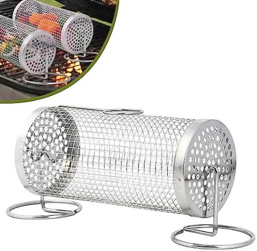 Cilindrische RVS Grillmand met Draaibare Houder voor Camping en BBQ Ideaal voor Groenten en Vis (20 x 9 x 9 cm)