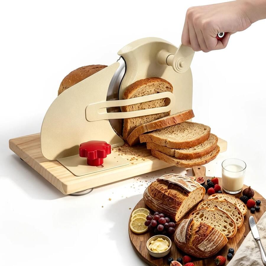 CINK & Co Handmatige broodsnijmachine Snijdikte instelbaar van 0 tot 21 mm Met handslinger RVS mes en houten bodem Inklapbaar Beige