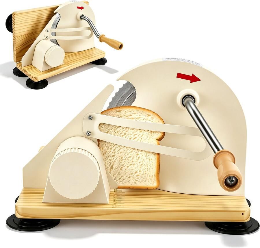 CINK & Co Handmatige broodsnijmachine met handkruk Instelbare snijdikte Inklapbare broodsnijder met RVS snijgereedschap Beige