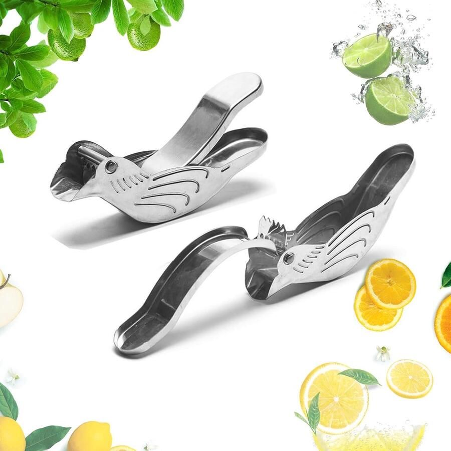 Citroenpers in vogelvorm handmatige citruspers van roestvrij staal keukenpers in vogelvorm geschikt voor sinaasappels limoenen en grapefruits handbediende fruitpers met schenktuit (2 stuks)