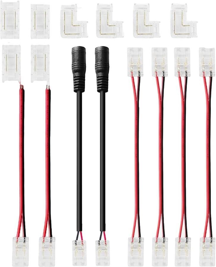 COB LED Strip Soldeerless Connector Kit 32 Stuks 10 Gapless 6 Met Draad 2 DC 4 L-vormige 10 Zelfklevende Bevestigingsclips Voor 8mm COB