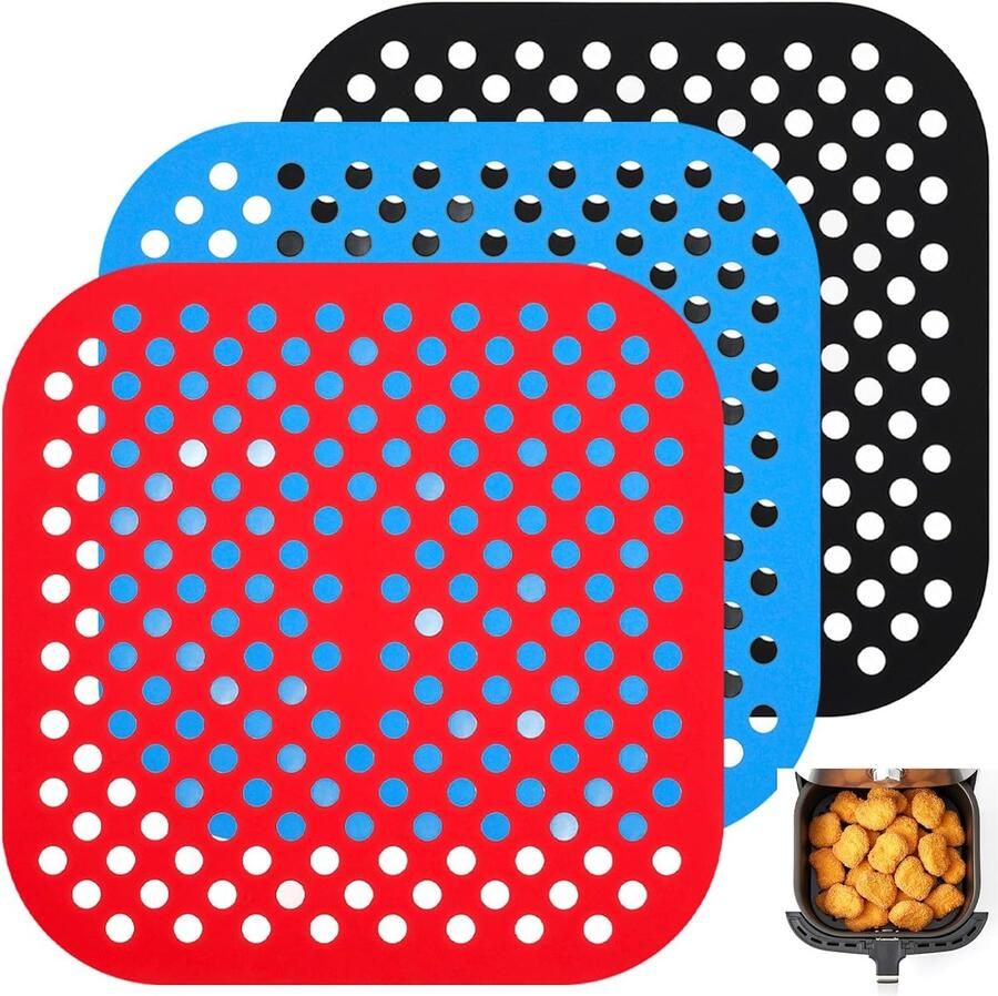 Cobee 3 stuks siliconen mat voor heteluchtfriteuse 21 5 cm vierkant herbruikbaar luchtfriteuse pad luchtfriteuses siliconen mat met geperforeerd voor heteluchtfriteuses