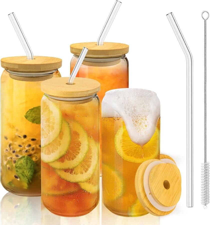 Cocktailglazen 500 ml Bubble Tea beker drinkbeker met deksel en rietje Bubble Tea Set met rietjes voor frisdrank cocktail smoothie koffieglazen drinkglas 4 stuks
