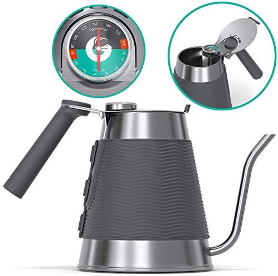 Coffee Gator True Brew Gooseneck Kettle 1.5 Litres Hob 17.8 cm and Induction Kettle with Integrated Thermometer