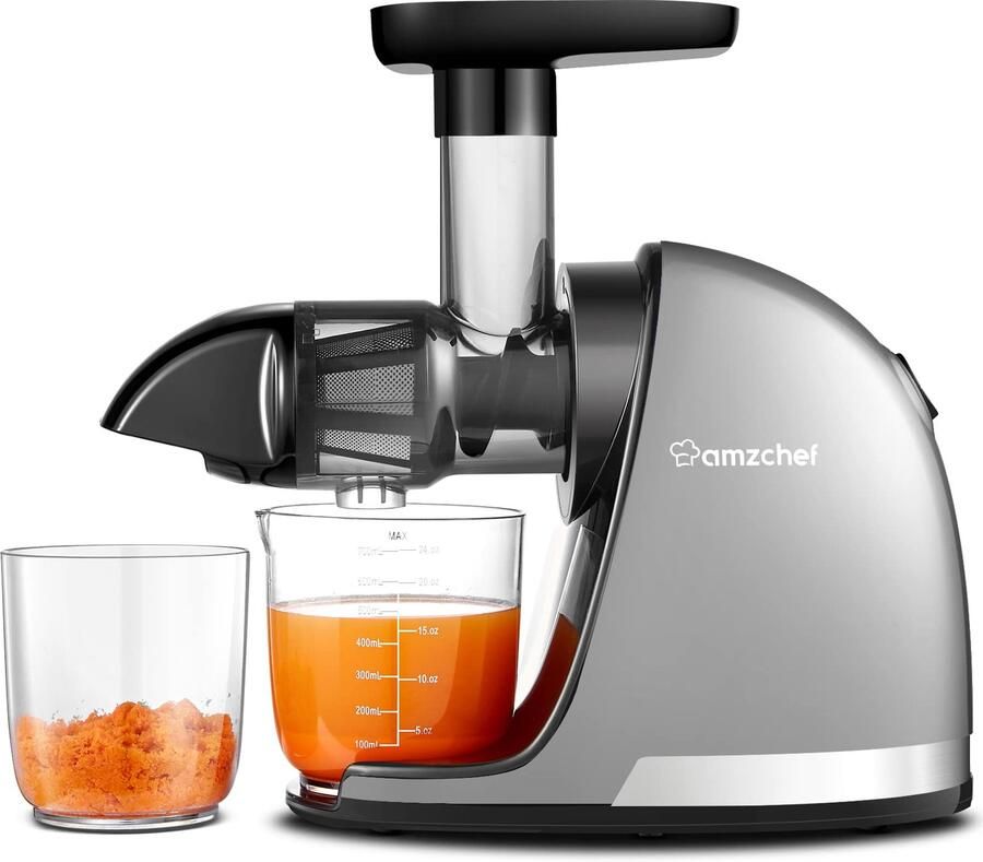 Cold Press Slow Juicer Machine Masticating Elektrische Vruchtenpersen voor Groente en Fruit Delicate Chew Geen Noodzaak om te Filteren Sapcentrifuge met 2 Kopjes en Borstel Zilver
