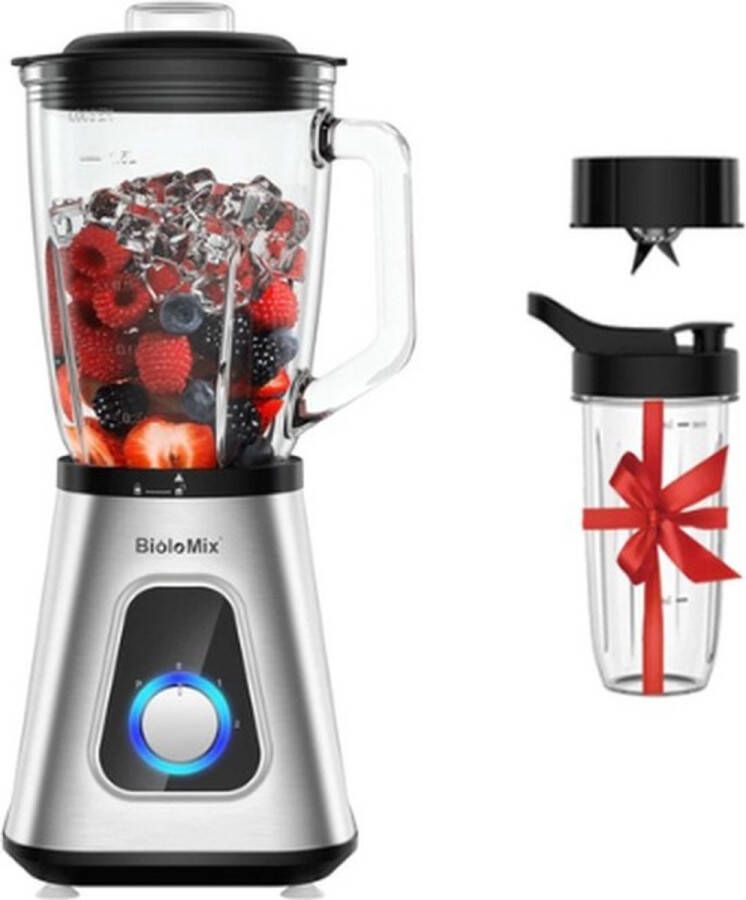 Collox Blender 2 in 1 mixer 1300 W 600ml BPA plastic reisbeker en 1 5 liter glazen pot 3 snelheidsstanden Geschikt voor o.a fruit groenten en ijs 40x20 cm Grijs