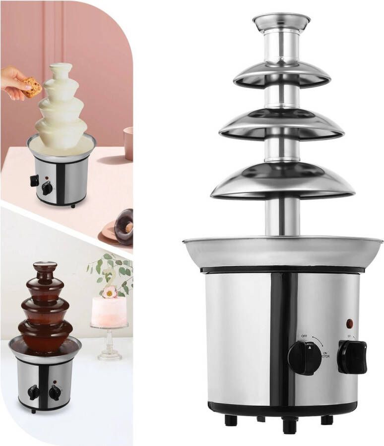 Collox Chocoladefontein Fondue Kaas Fruit Roesvrijstaal 4 laags Regelbare temperatuur 45 x 16 cm Zilver