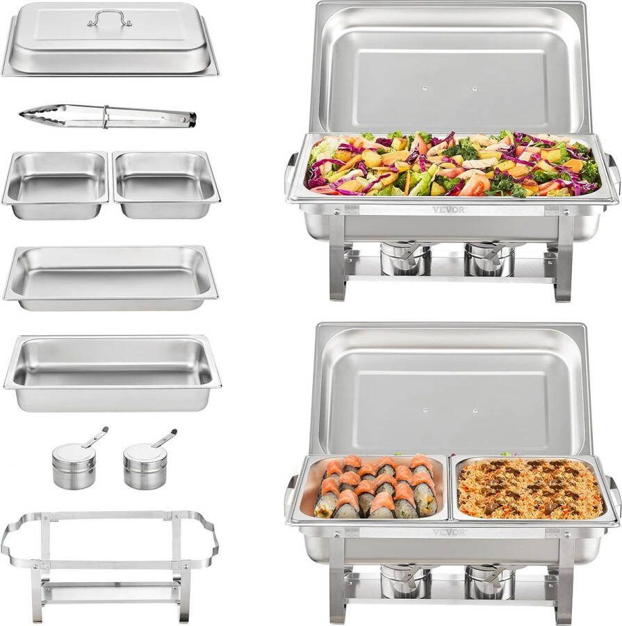 Trendique Warmhoud bakken Set van 2 Food warmer Buffetschalen Voedsel warm houden 2 grote bakken en 4 kleine bakken 60x35x32 cm Capaciteit elk 7 5 L Roestvrij staal