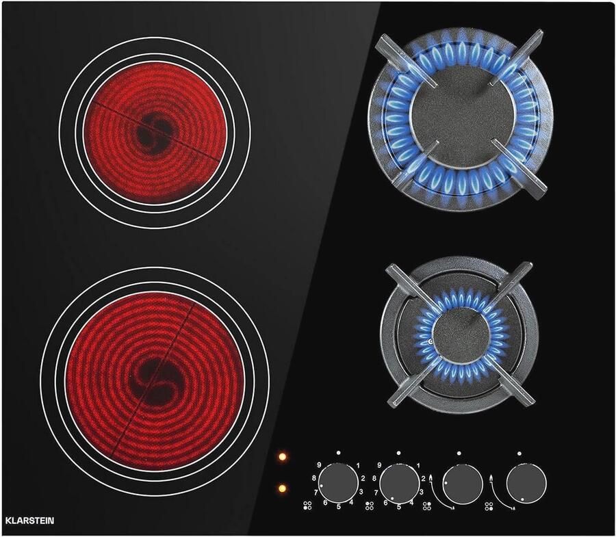 Combi Gaskookplaat met Glaskeramische Kookzone Inbouw voor Aardgas Propaangas 4-pits Gietijzeren Pannendragers Zwart