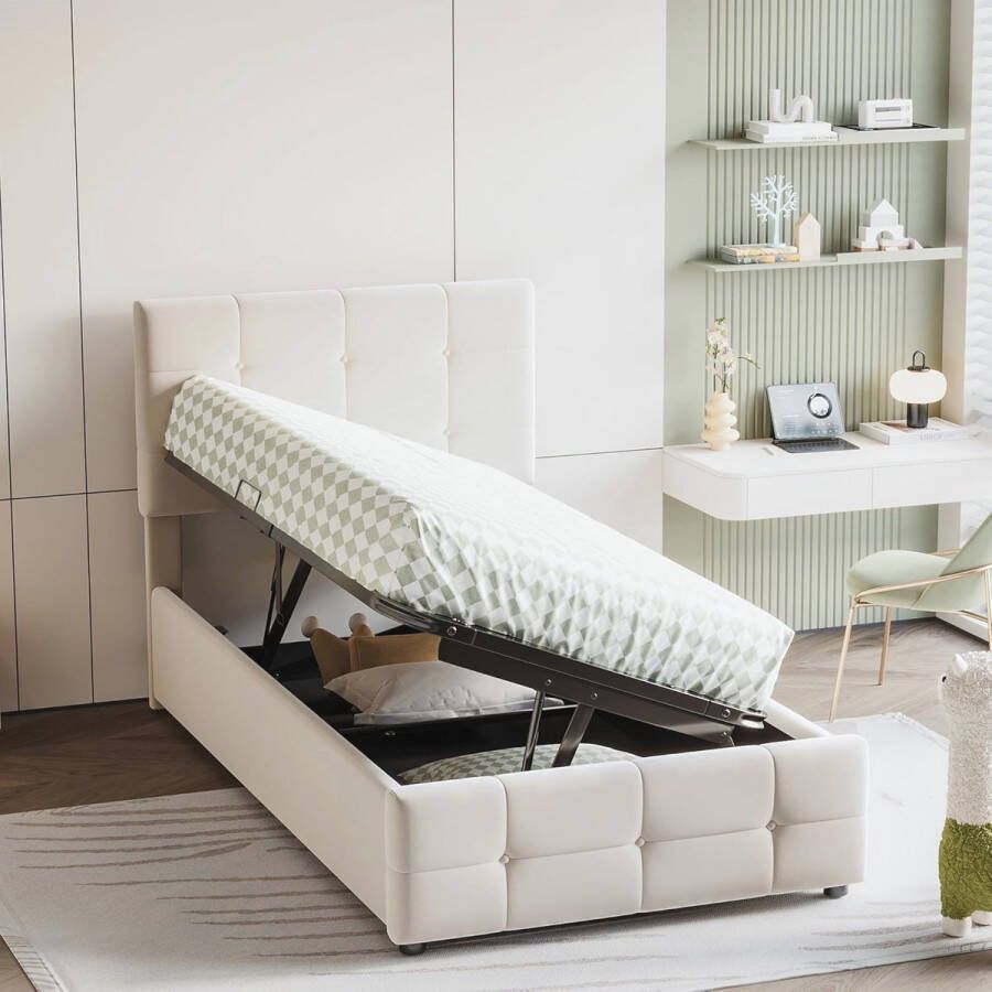 Comfortabel Kinderbed met Opbergruimte Gestoffeerd en Huidvriendelijk Beige Fluweel (90 x 200 cm)