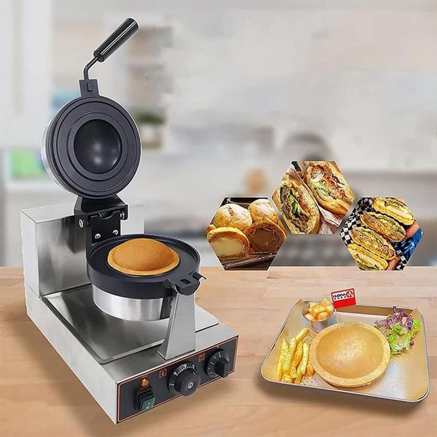 Commercial Waffle Iron 1300W Electric Panini Press Non-Stick Coating Hamburger Machine with Temperature And Time Control Ice Filled Burger Machine For Home Kitchen Singlehead