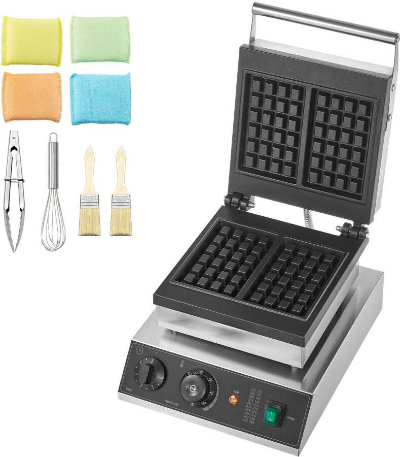 Commercieel Wafelijzer 2-Delig Rechthoekig 2000 W Roestvrij Staal met Antiaanbaklaag Temperatuur- en Tijdregeling Handvat voor Restaurant Bakkerij Snackbar Familie