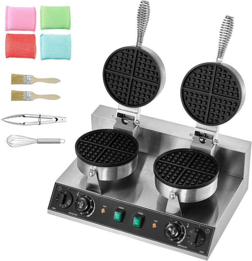 Commercieel Wafelijzer Van Rond Wafelijzer met Dubbele Kop 2460 W Belgisch Wafelijzer Van Roestvrij Staal met Antiaanbaklaag Temperatuur- en Tijdregeling Handvat voor Restaurants