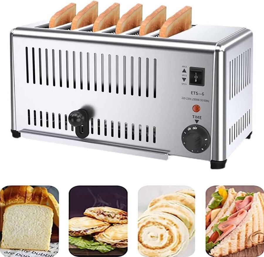 Commerciële Broodrooster 6 Slices Toaster Snel Brood Roosteren Wave-vormig Verwarmingselement 6 Slices Roestvrij Staal