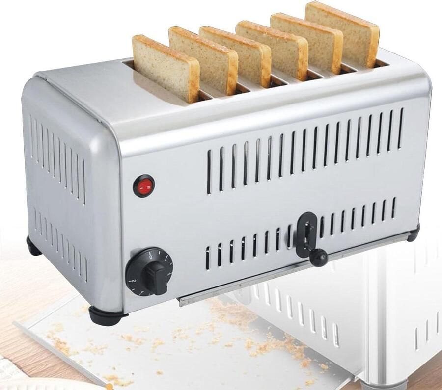 Commerciële Broodrooster 6 Sneetjes Broodbakmachine Ontbijt Maken Extra Brede Sleuven 2500 W Zilver