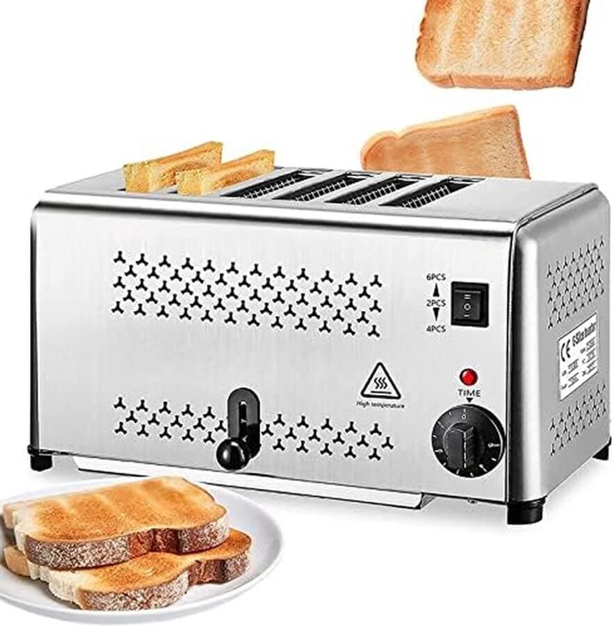 Commerciële Broodrooster Brood Maker Snel Ontbijten Zes Brede Sleuven 3240W Geborsteld Staal