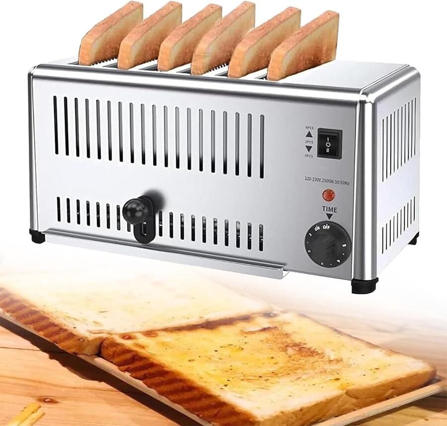 Commerciële Broodrooster Keuken Apparaat Ontbijt Bereiden 6 Sneetjes Capaciteit 1800 Watt Zilver
