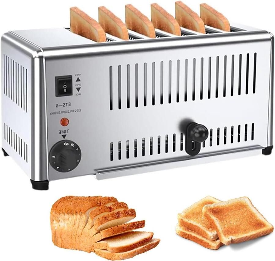 Commerciële Broodrooster Keuken Broodrooster Snel Ontbijten Extra Brede Sleuven 6 Plakjes Zilver