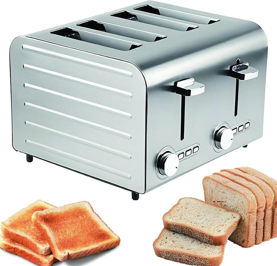 Commerciële Broodrooster Rooster Apparaat Snel Ontbijten 7 Instelbare Bruiningsniveaus 4-Slices Zilverkleurig