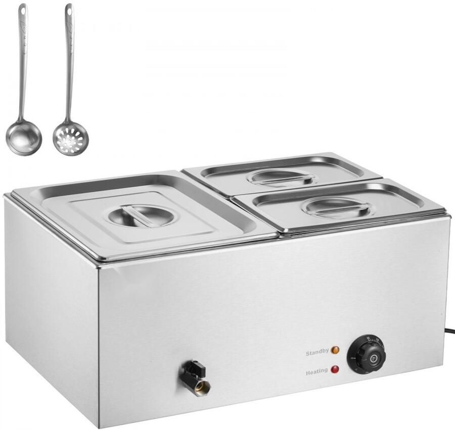 Commerciële Buffet Voedselverwarmer Elektrische Bain-marie 3 GN-bakken (1 x 1 2 + 2 x 1 4) 1200 W RVS Warmhoudbad Temperatuur 30–80 °C Voor Catering Feesten