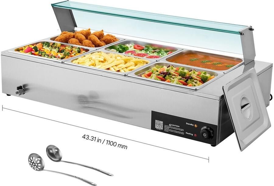 Commerciële Buffetverwarmer Elektrische Bain-marie Chafing Dish Met 6 x GN 1 2 Bakken Vermogen 1 5 kW RVS Glazen Deksel Soeplepel Inbegrepen