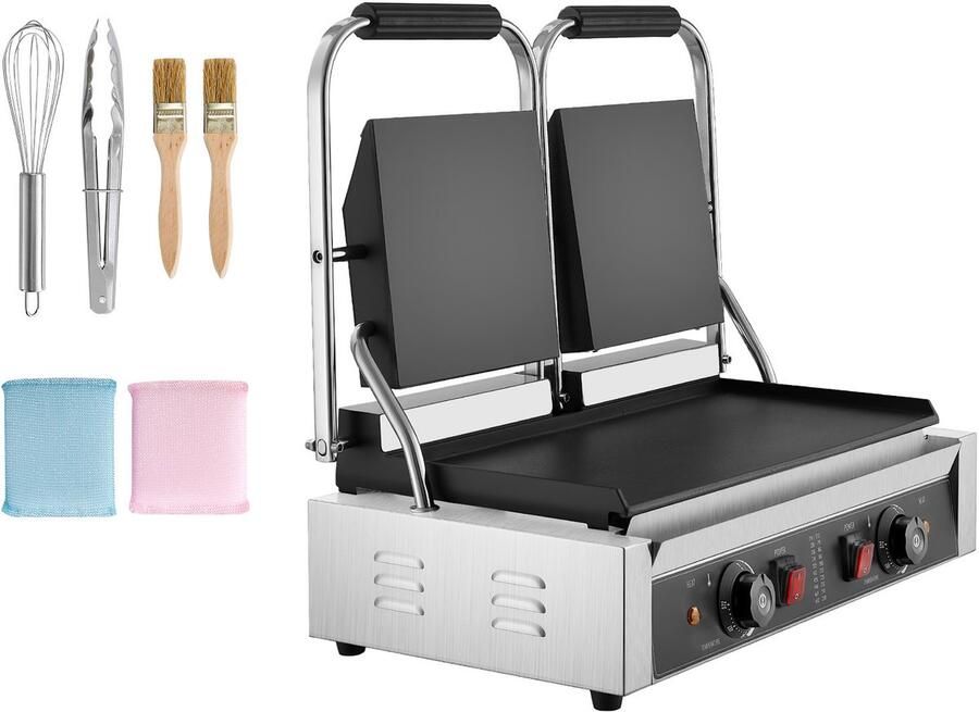 Commerciële Contactgrill 3600 W Elektrische Grill en Sandwichmaker met Dubbele Bakplaten Roestvrij Staal en Temperatuurregeling 48 X 23 cm Platte Emaille Plaat Geschikt voor Hamburgers Steaks en Spek