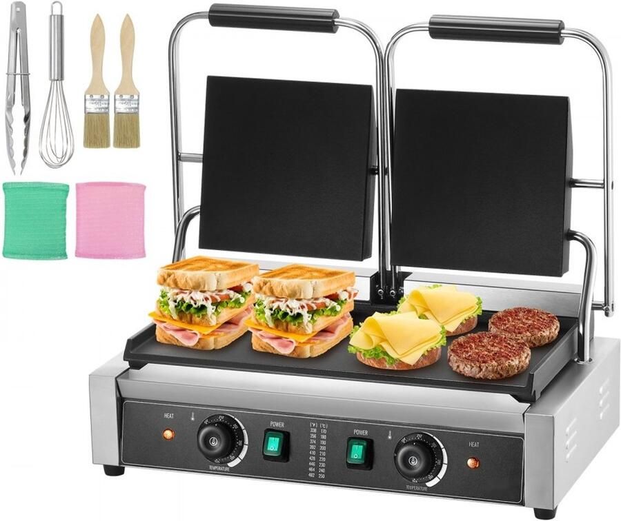 Commerciële Contactgrill Dubbele Panini-grill 3600W Vermogen Roestvrijstalen Behuizing Vlakke Geëmailleerde Platen Temperatuurregeling Bakoppervlak 48 5 x 23 cm