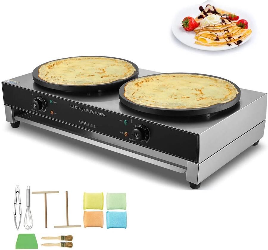 Commerciële Crêpemachine Dubbel – Elektrische Crêpemaker – Wafelplaat 16 inch – 3400W – Snelle & Gelijkmatige Verwarming