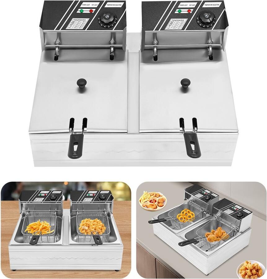 Commerciële Elektrische Friteuse 220V 6L Roestvrij Staal 2 Tanks Frituurmachine Met Temperatuurregeling 60-200℃
