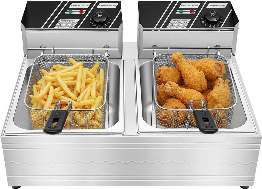 Commerciële Elektrische Friteuse 220V 6L Roestvrij Staal 2 Tanks Frituurmachine Met Temperatuurregeling 60-200℃