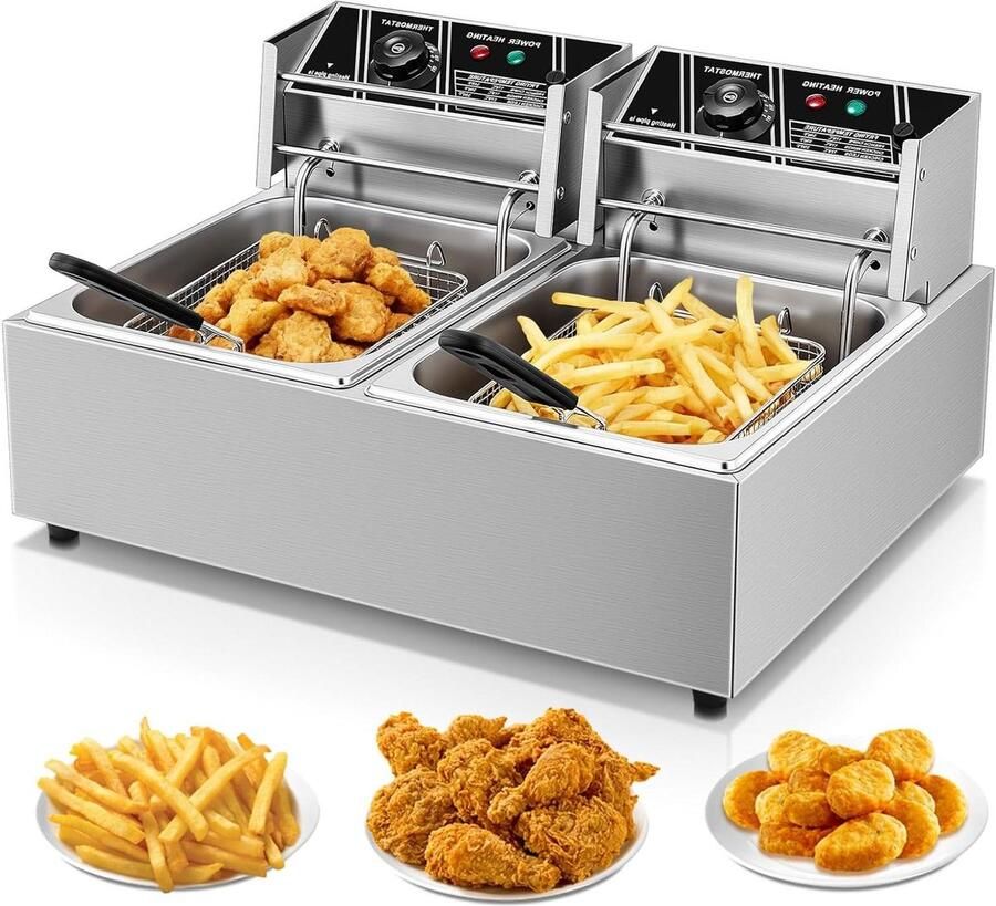 Commerciële Elektrische Friteuse Dubbele Vetpan Frituren van Snacks Grote Dubbele Mand 216 Liter Zilver