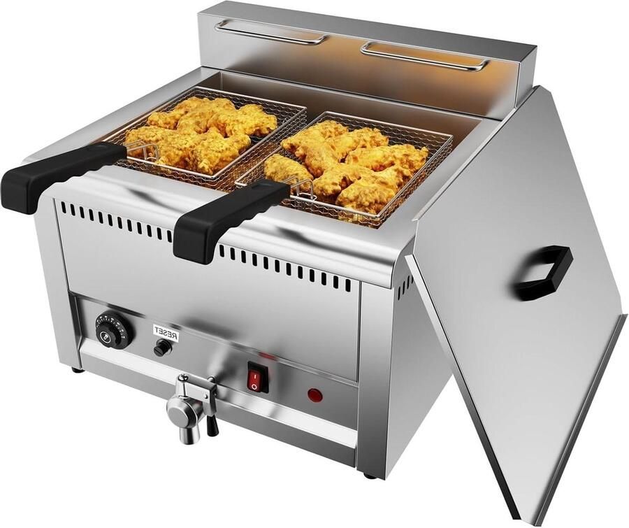 Commerciële Elektrische Friteuse Grote Frituurpan Professioneel Frituren Dubbele Verwarmingselementen 22 liter Zilver