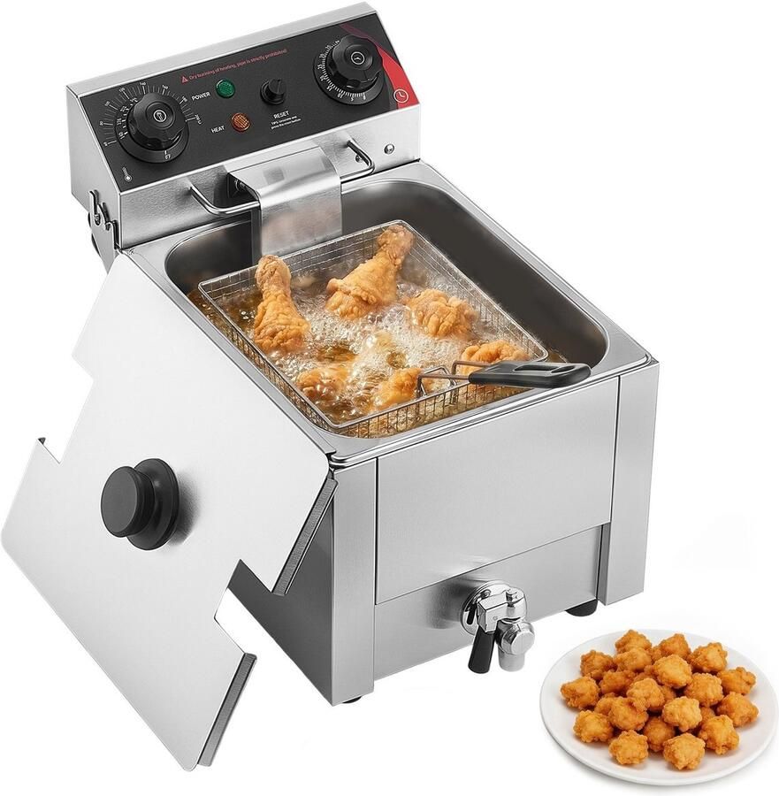 Commerciële elektrische friteuse Tafelmodel frituurpan met één bak 6 8 liter 2500 W RVS oliefiltersysteem Frituurmand met deksel Instelbare temperatuur Zilver