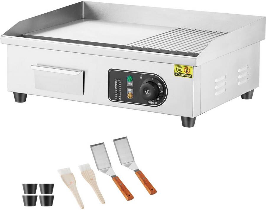 Commerciële elektrische grillplaat 3200 W semi-vlakke grill voor werkblad instelbare temperatuur 50-300 °C 54 4 x 30 x 1 cm roestvrijstalen grill met 2 paddles en 2 borstels