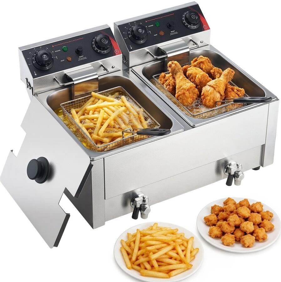 Commerciële friteuse Dubbele elektrische frituurpan Inhoud 2 x 7L (14L) 5000W Vermogen RVS Tafelmodel Temperatuurregeling & Timer Met frituurmanden & deksels Zilver