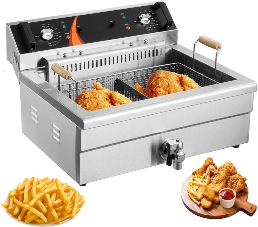 Commerciële Friteuse Elektrische Tafelmodel Frituurpan 20L Capaciteit 2250W Vermogen Met Frituurmand RVS Instelbare Thermostaat Zilver