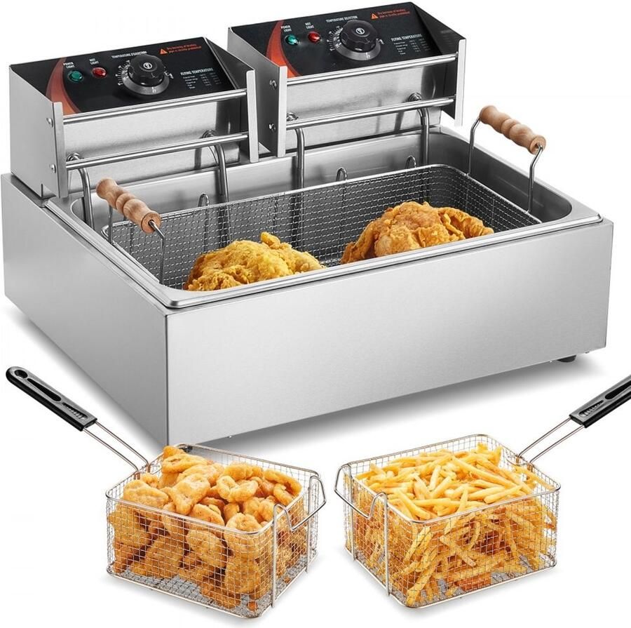 Commerciële Friteuse Frituurpan Elektrisch Tafelmodel 12 L RVS 3000 W Vermogen 3 Uitneembare Frituurmanden Instelbaar 60–200°C Horeca Geschikt Zilver
