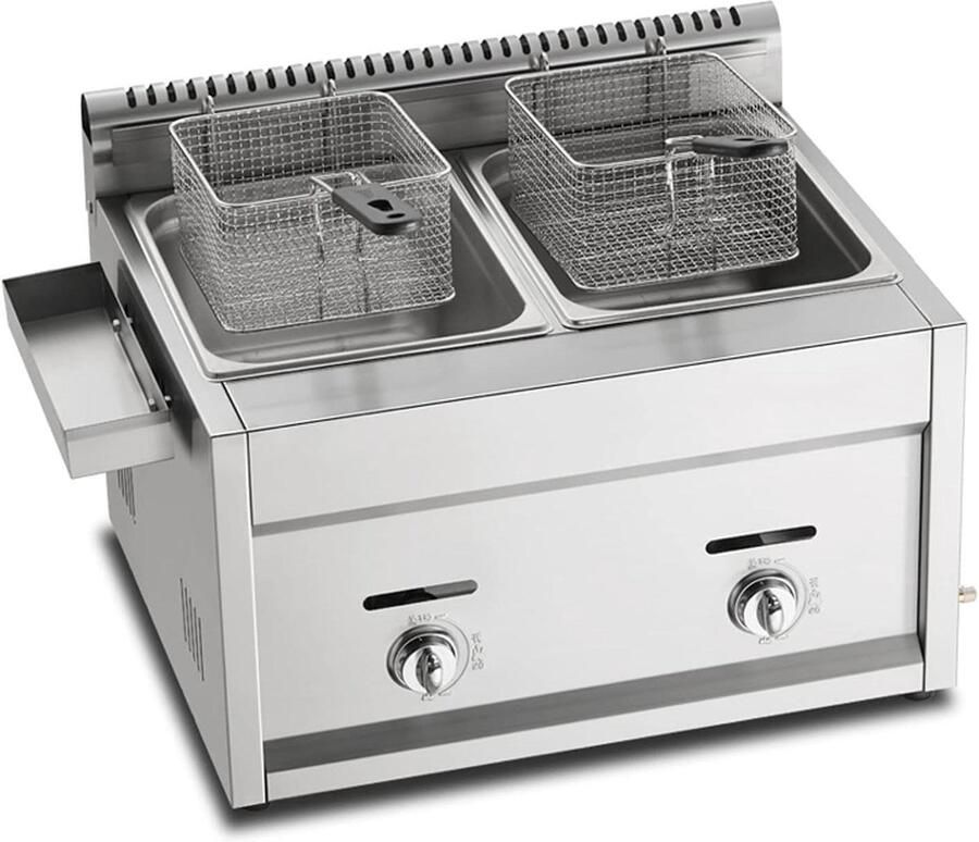 Commerciële Frituurpan Dubbele Fritteuse Outdoor Frituren van Snacks Roestvrij Staal Constructie 10L+10L Zilver
